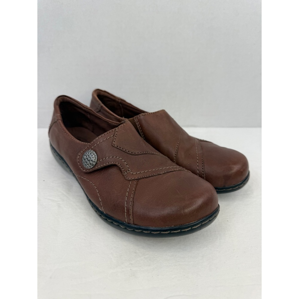 Clarks Bendables Brown Leather‎ Slip On Loafers Button Detail Shoes Womens 8M